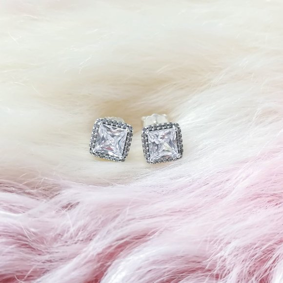 Pandora Silver Square Sparkle Clear Halo Stud Earrings - Picture 1 of 3